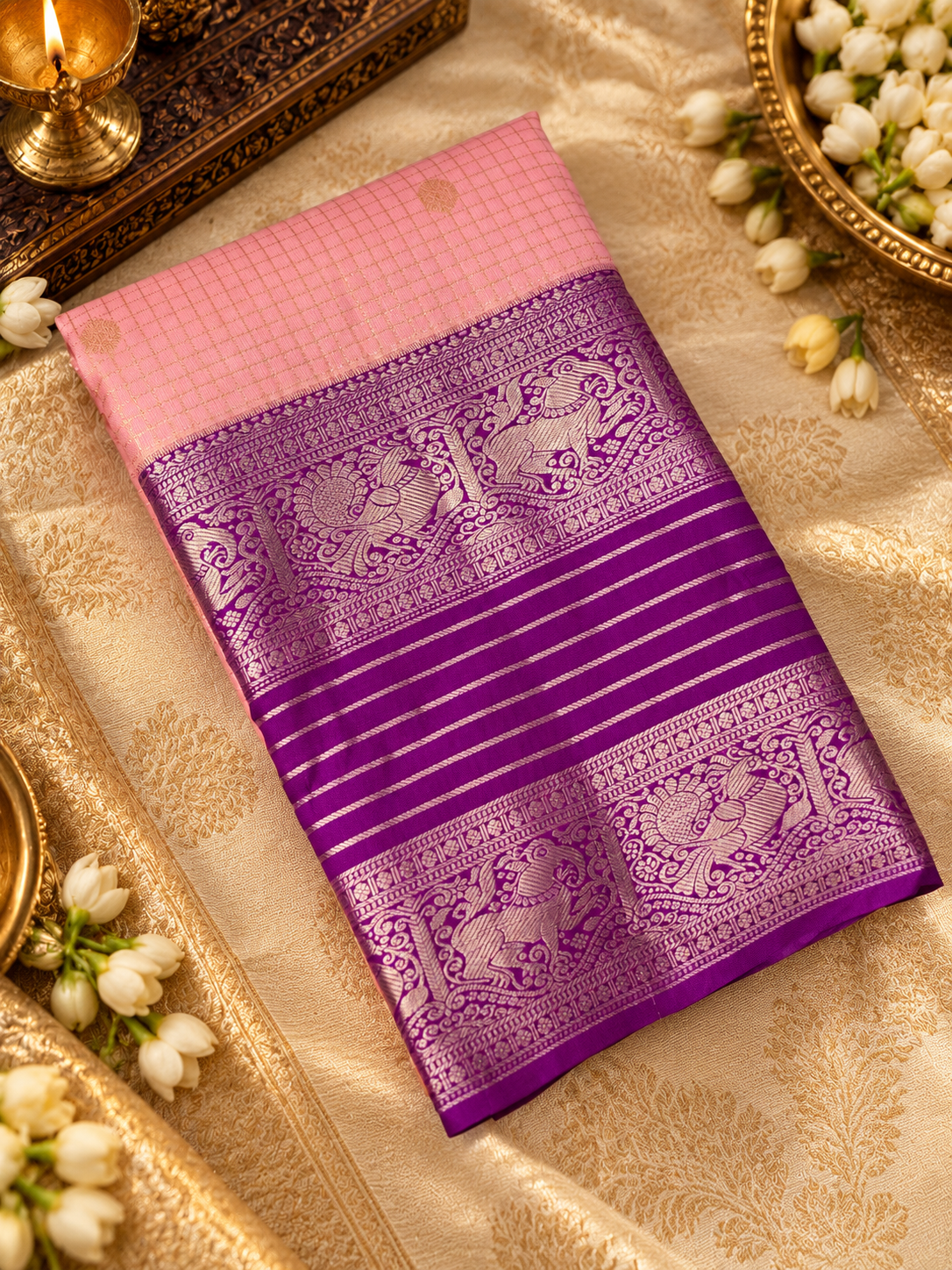Premium Bridal Semi Kanchipuram Silk Saree (Silver)- RF1308