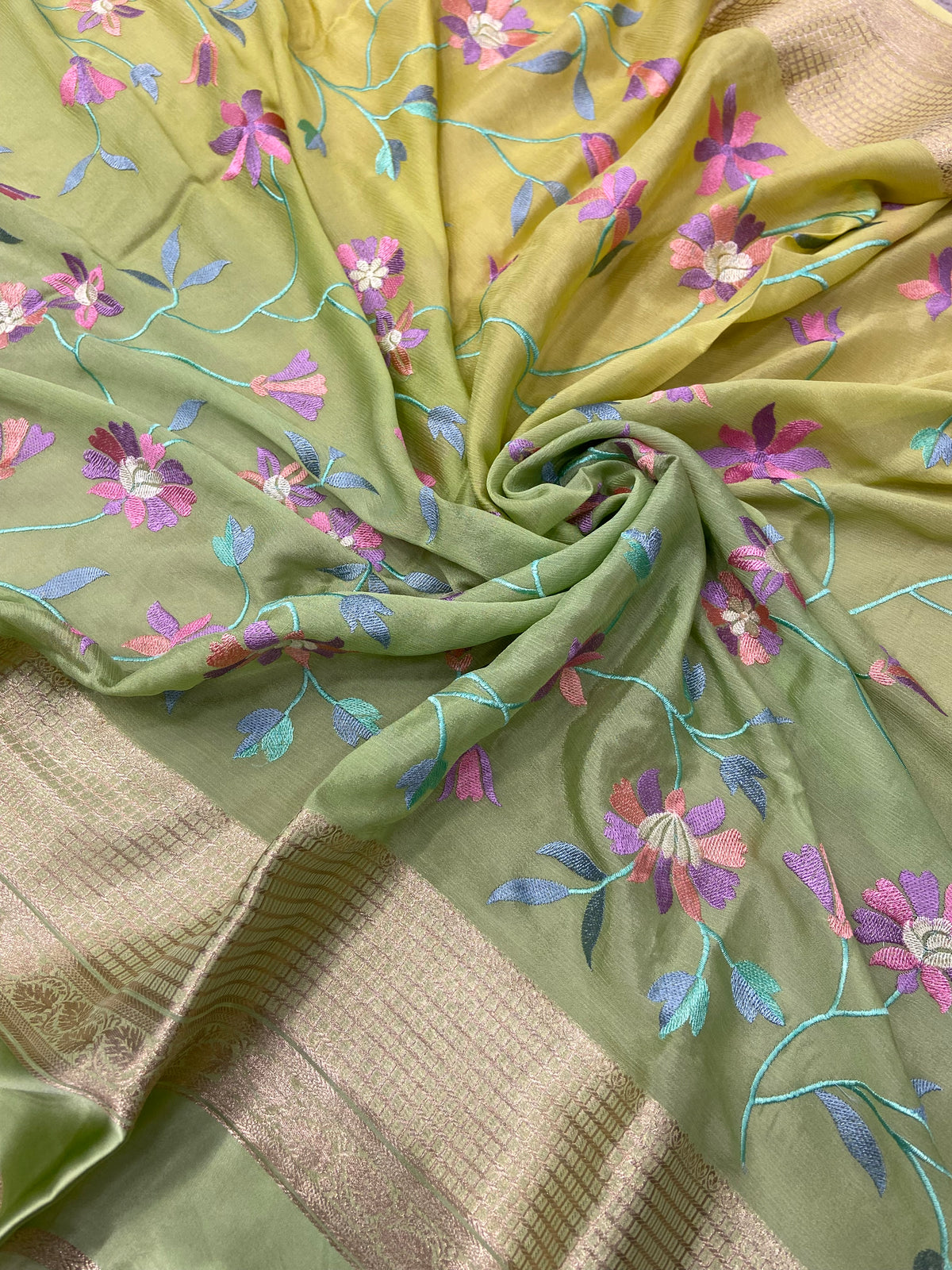Premium Chiffon Saree Satin Border With Embroidery