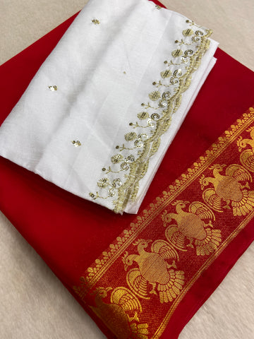 Premium Semi Crepe Mysore Silk Saree With Double Blouse❤️