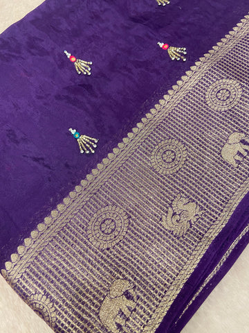 Pure crepe chinnon saree with cutdana work