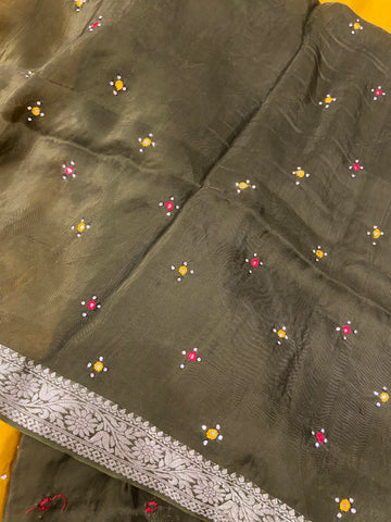 Pure crepe chinnon saree with cutdana work
