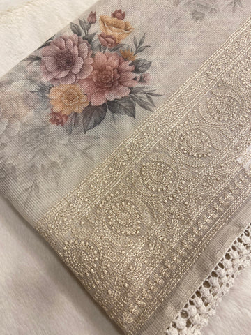 Premium soft digital print embroidered organza