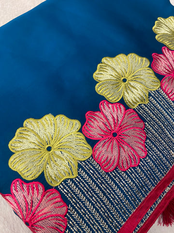 Premium Flora Crepe Silk Saree With Embroidery Border