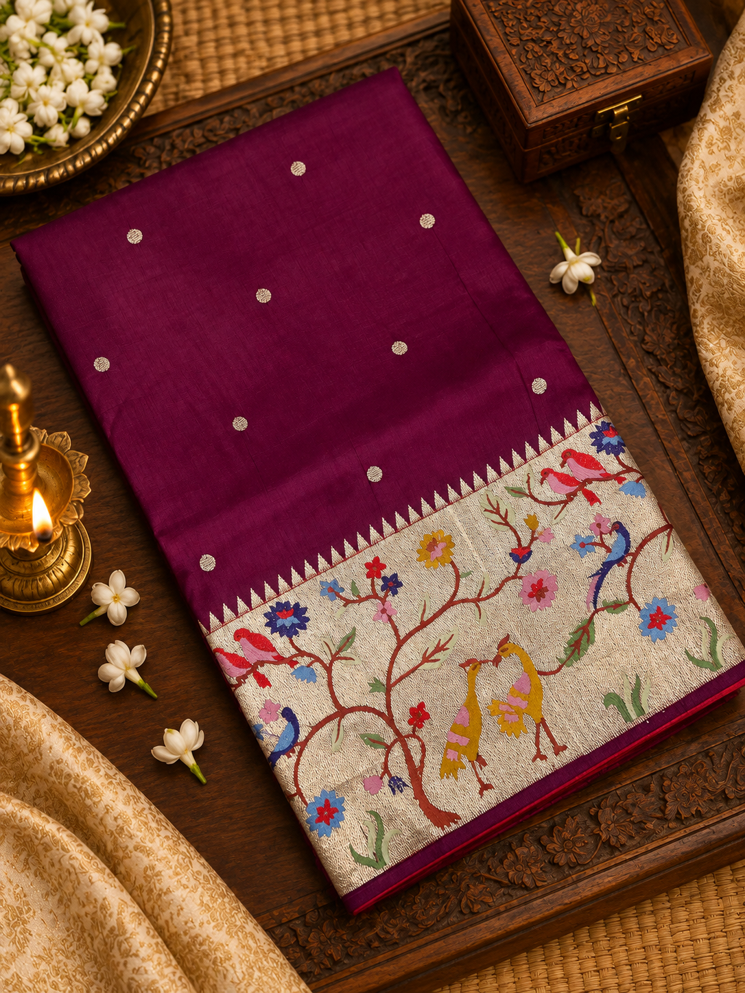 Pure Tissue Organza With Paithani Border (Wine) -901992