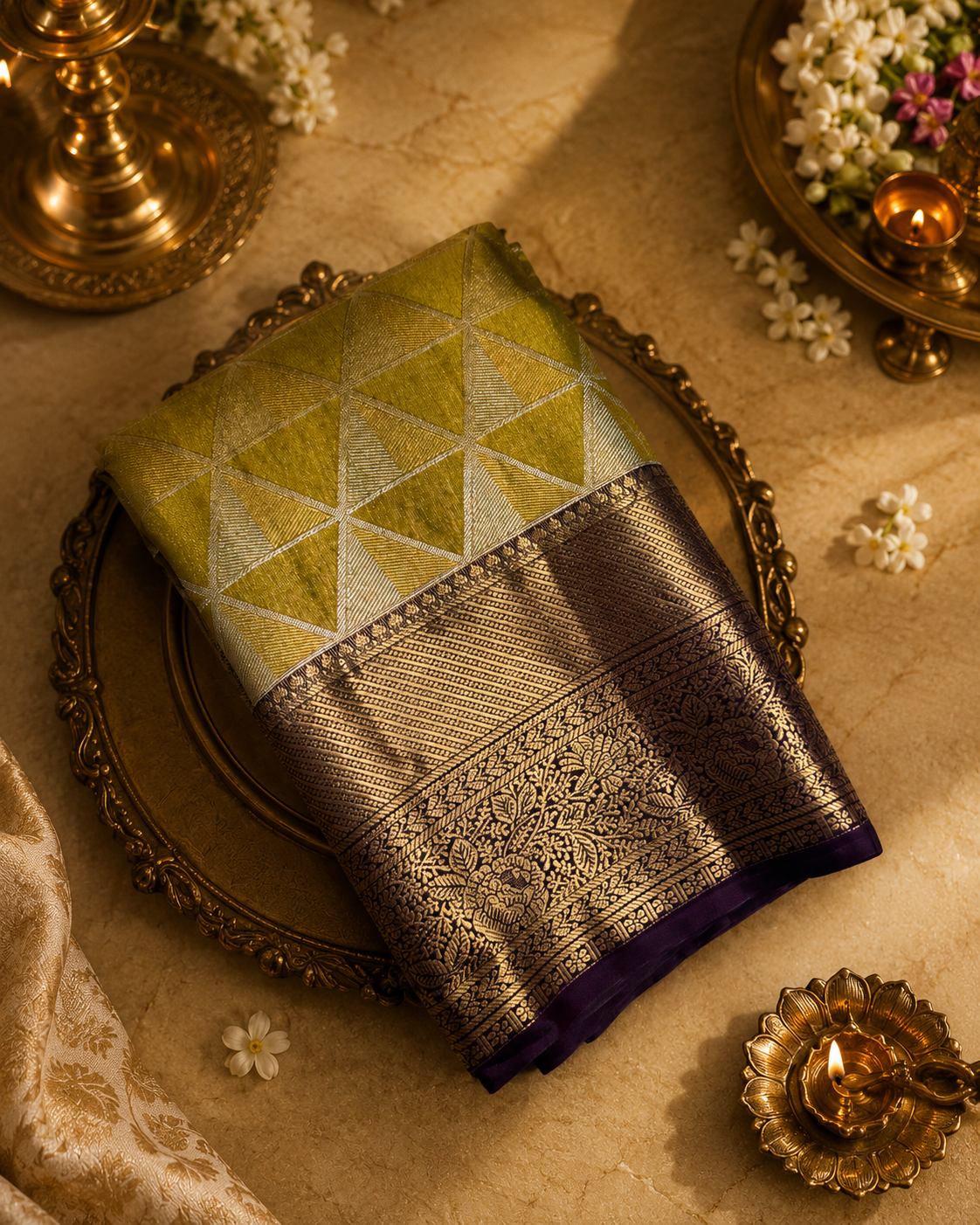 Premium Bridal Semi Kanchipuram Silk Saree- Olive green with Purple