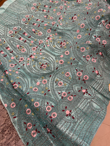 Semi stitched stonework embroidery lehenga with self duppatta and blouse