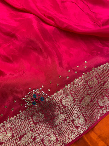 Pure crepe chinnon saree with cutdana work