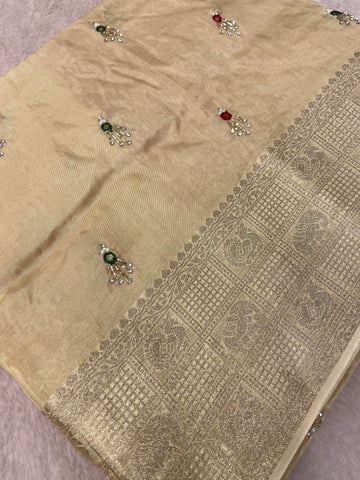 Pure crepe chinnon saree with cutdana work
