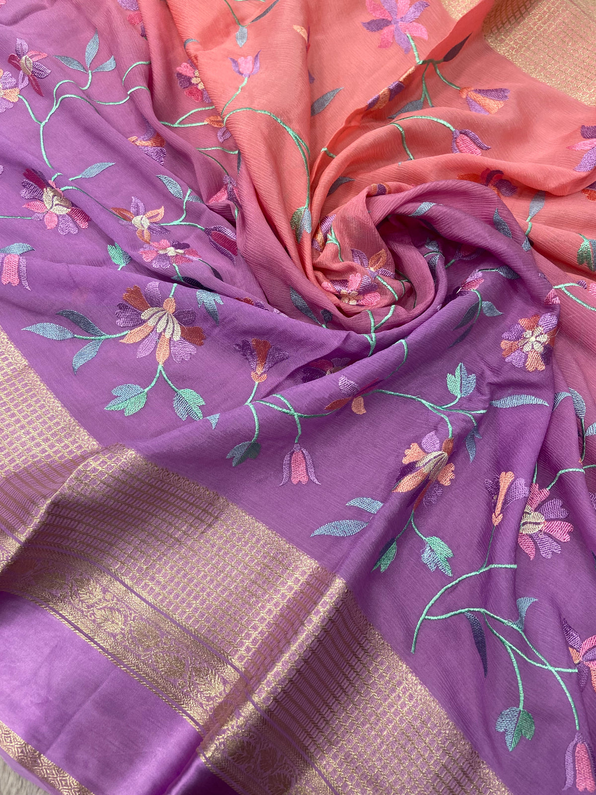 Premium Chiffon Saree Satin Border With Embroidery