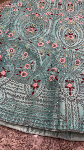 Semi stitched stonework embroidery lehenga with self duppatta and blouse