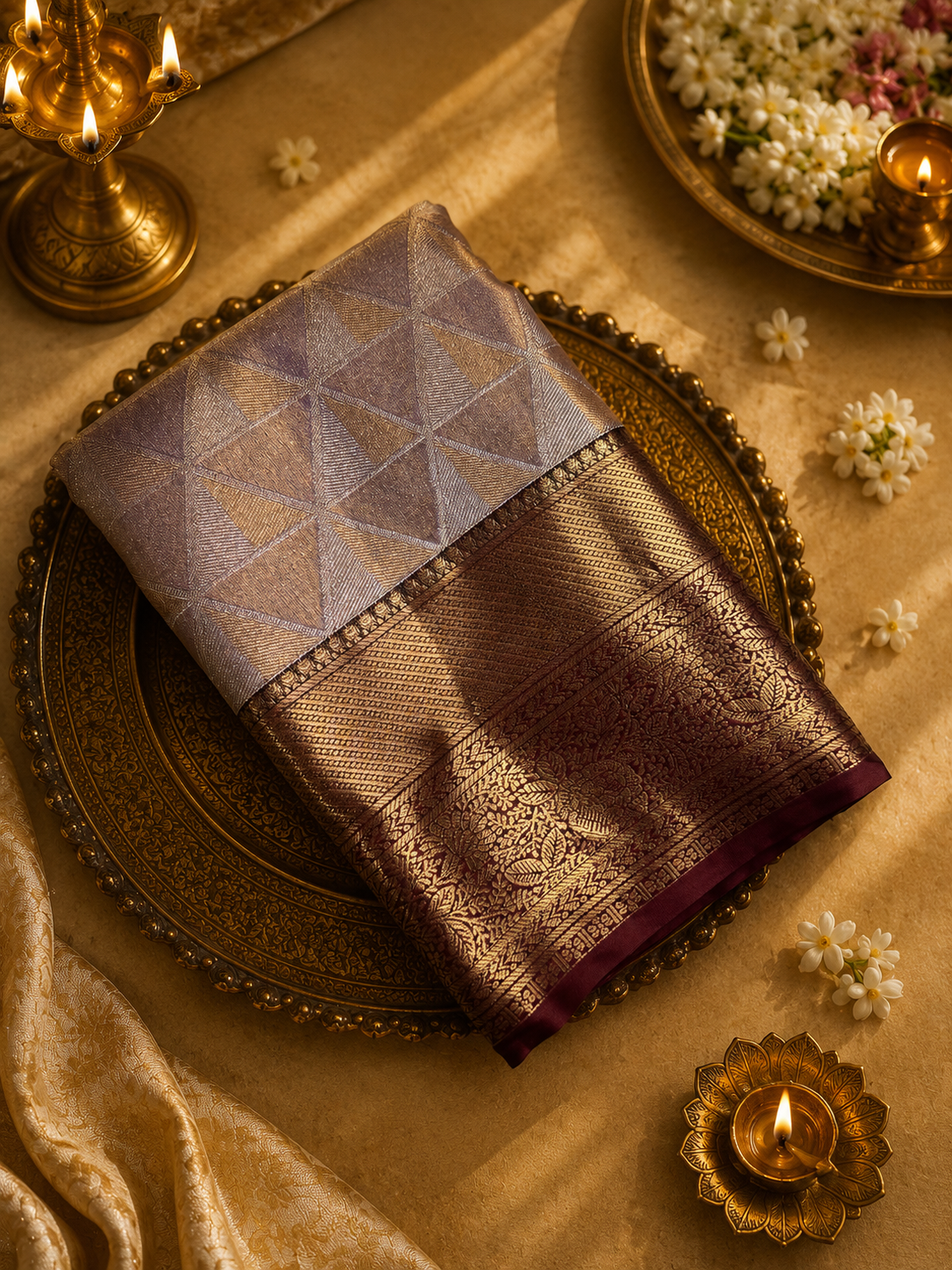 Premium Bridal Semi Kanchipuram Silk Saree- Beigish Lavender with Wine