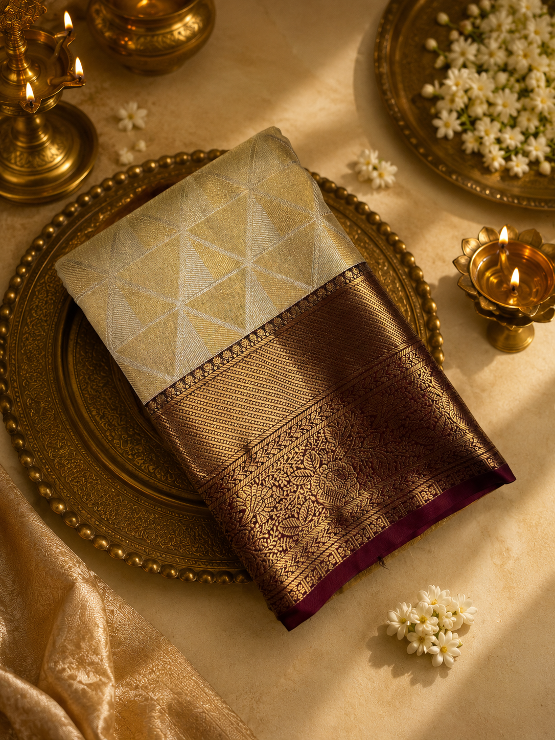 Premium Bridal Semi Kanchipuram Silk Saree- Off white with wine