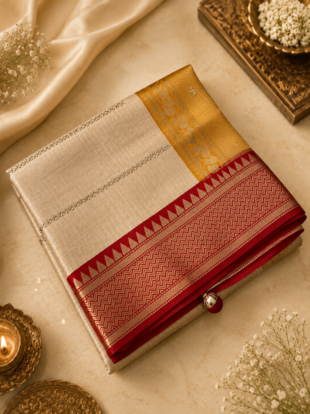Premium dola with Ganga Jamuna border and zardosi stone work