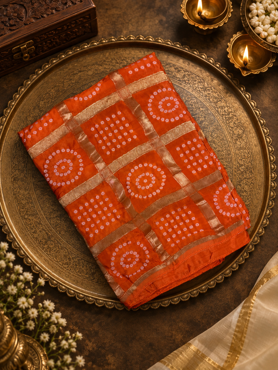 Plain body design modal silk saree with bandhini design pallu- 902263 Orange
