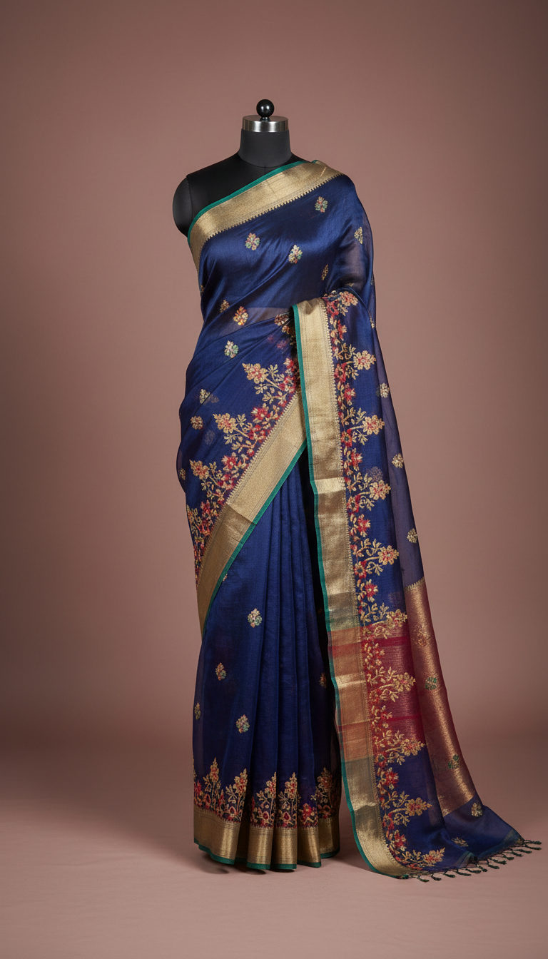 Organza silk saree in sapphire night