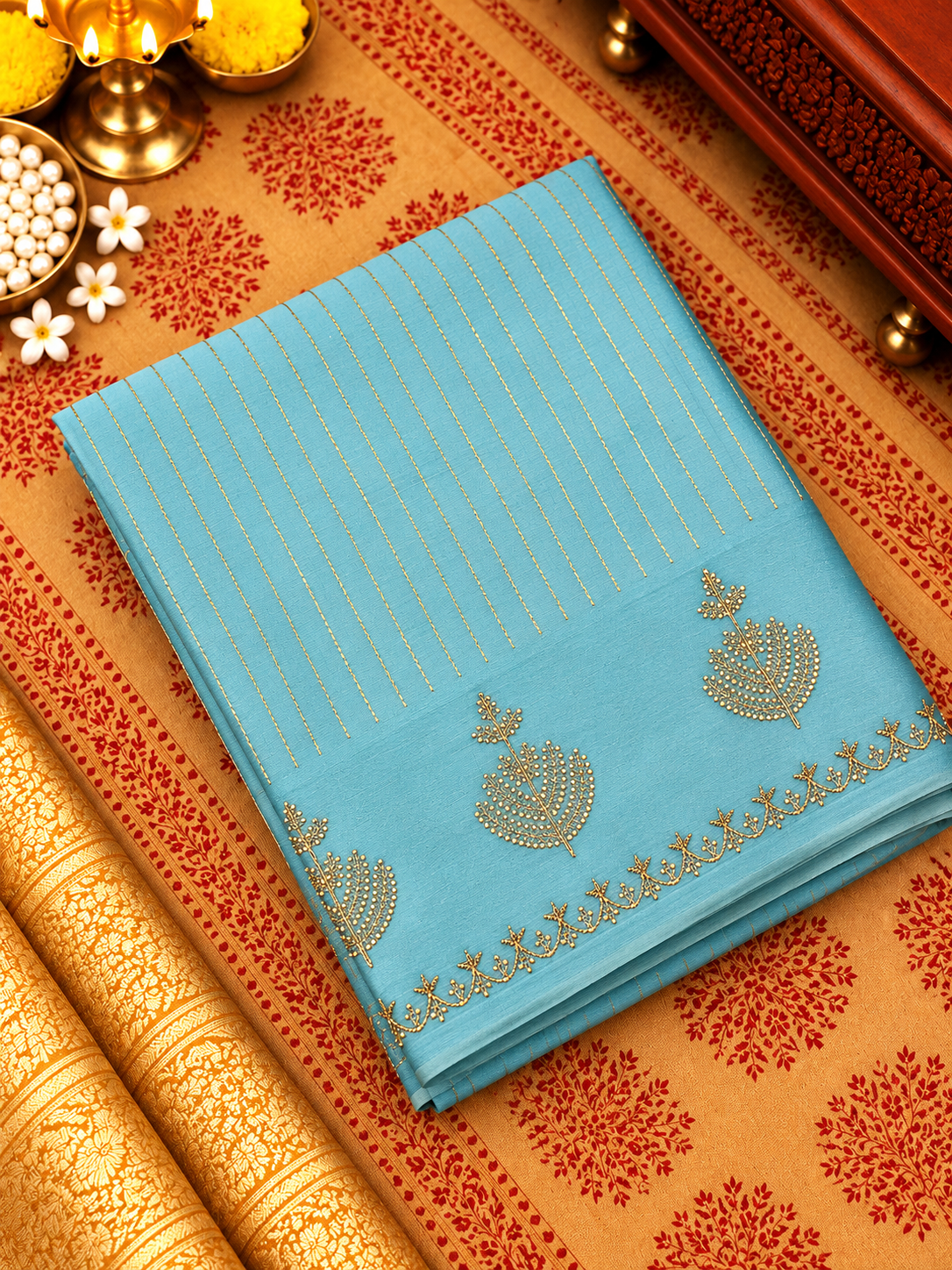 Russian Silk Saree With Embroidery🩵