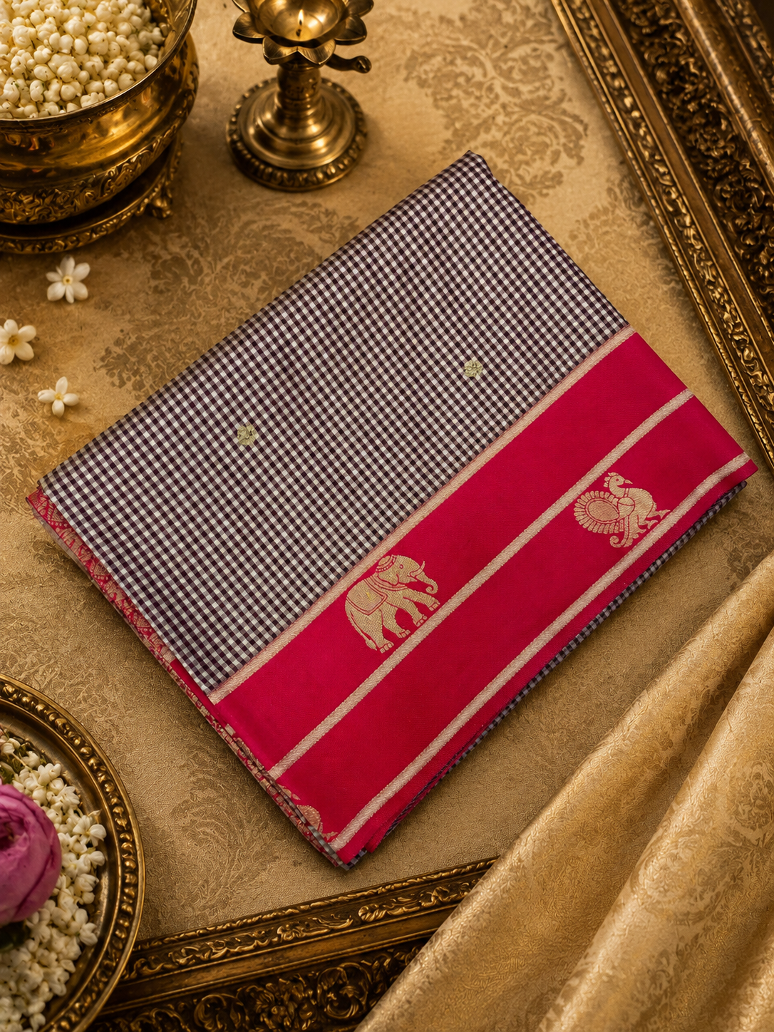 Premium Semi Kanjeevaram Silk Saree- Brown and white checks with Reddish pink border