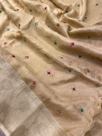 Pure crepe chinnon saree with cutdana work