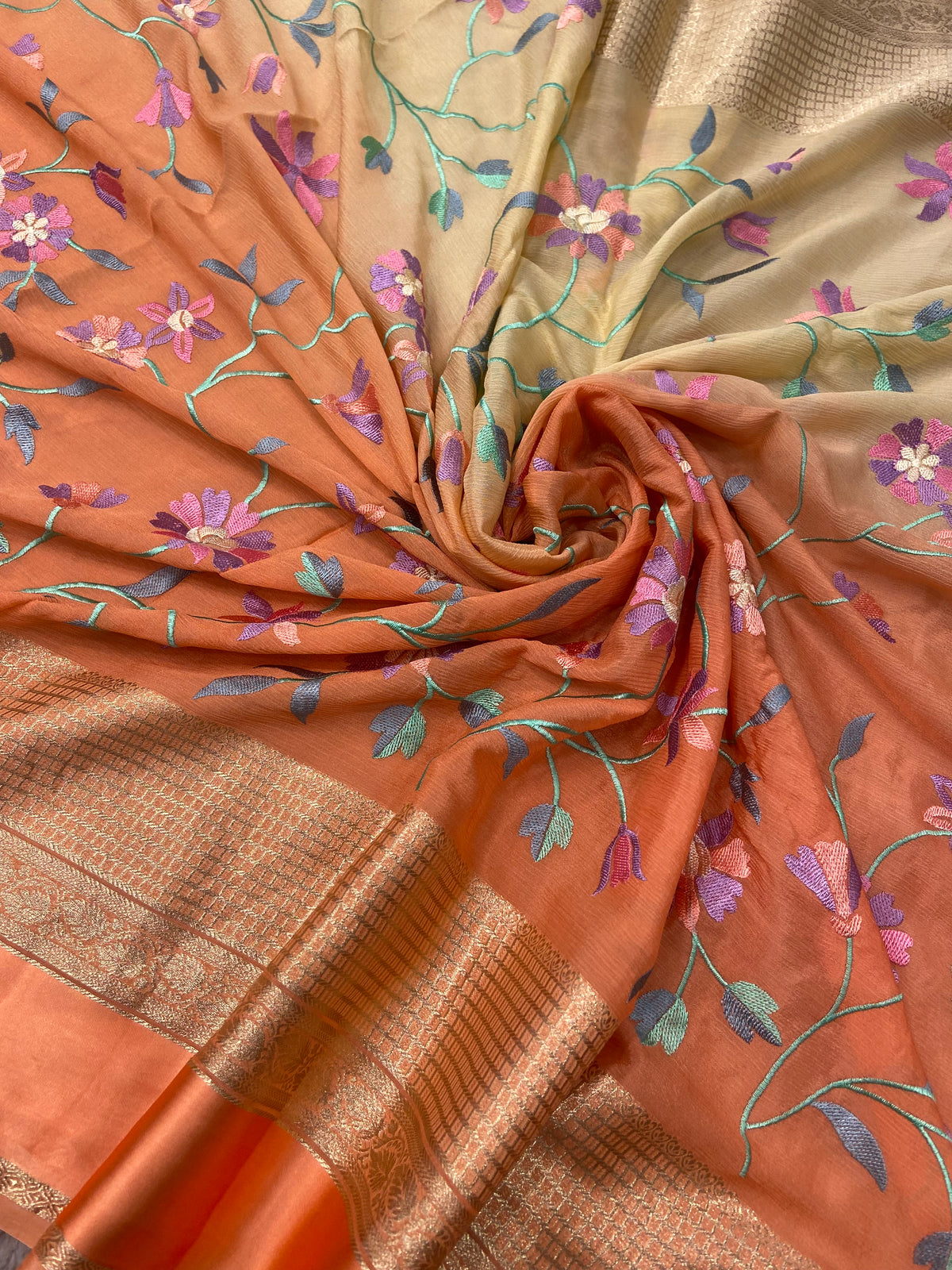 Premium Chiffon Saree Satin Border With Embroidery