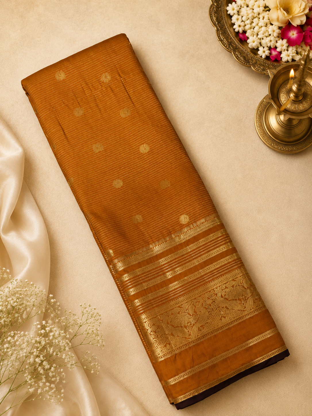 Premium Semi Kanchipuram Silk Saree(Mustard Brown)
