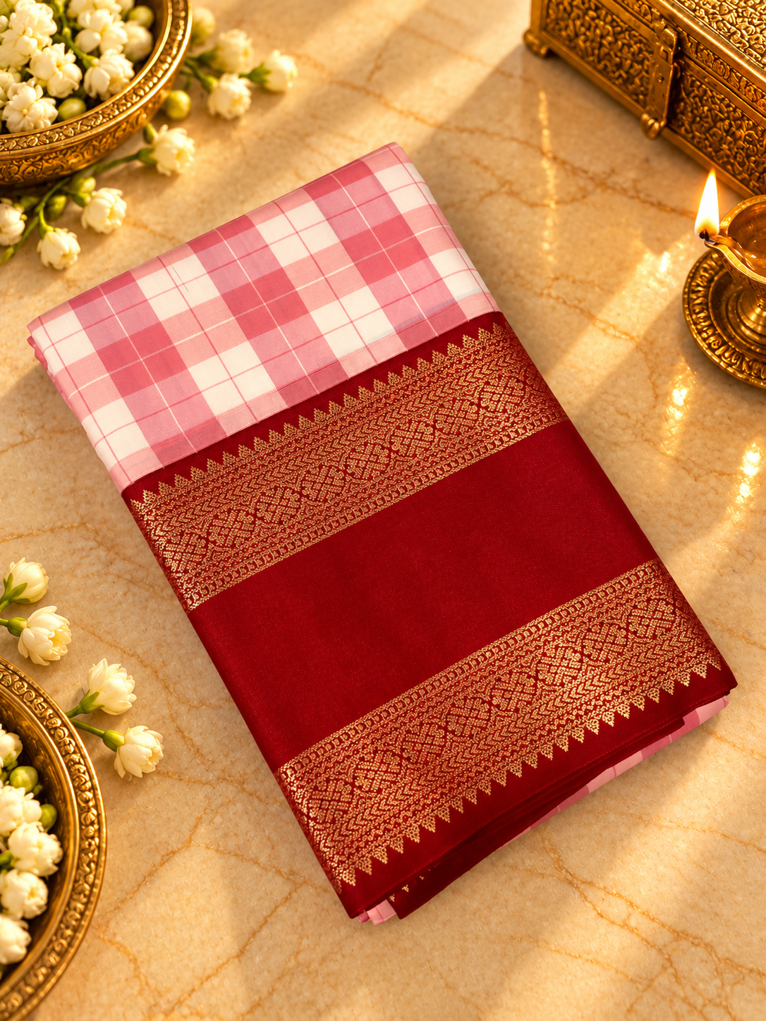 Premium Semi Kanchipuram silk Saree in chequered design  - 902490