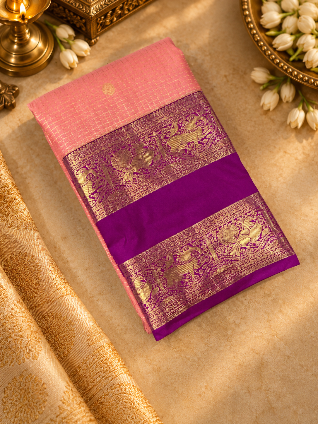 Premium Bridal Semi Kanchipuram Silk Saree (Gold)- RF1308