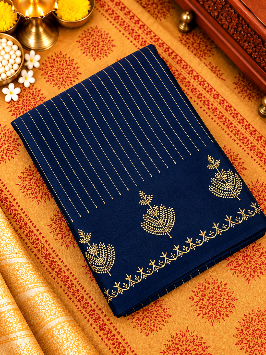Russian Silk Saree With Embroidery (navy blue)