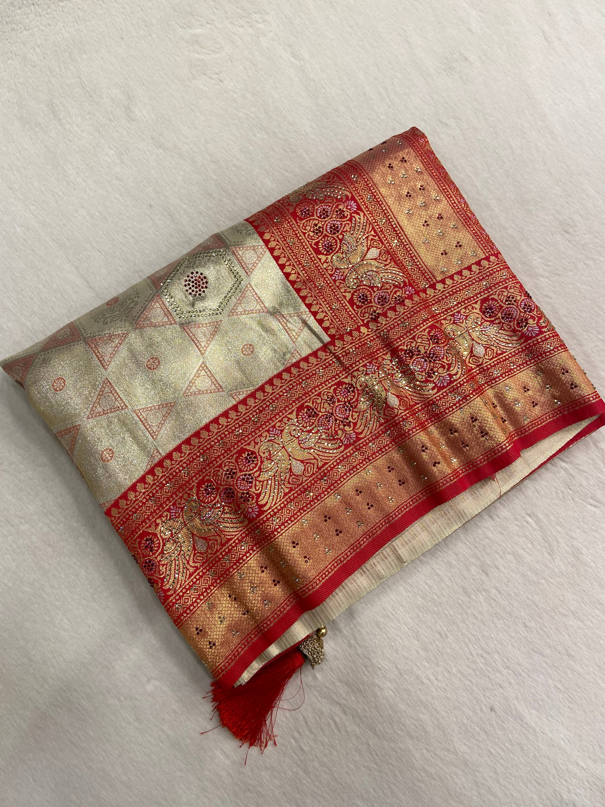 Tissue Bridal Semi Silk with Swarovski work (Cream)