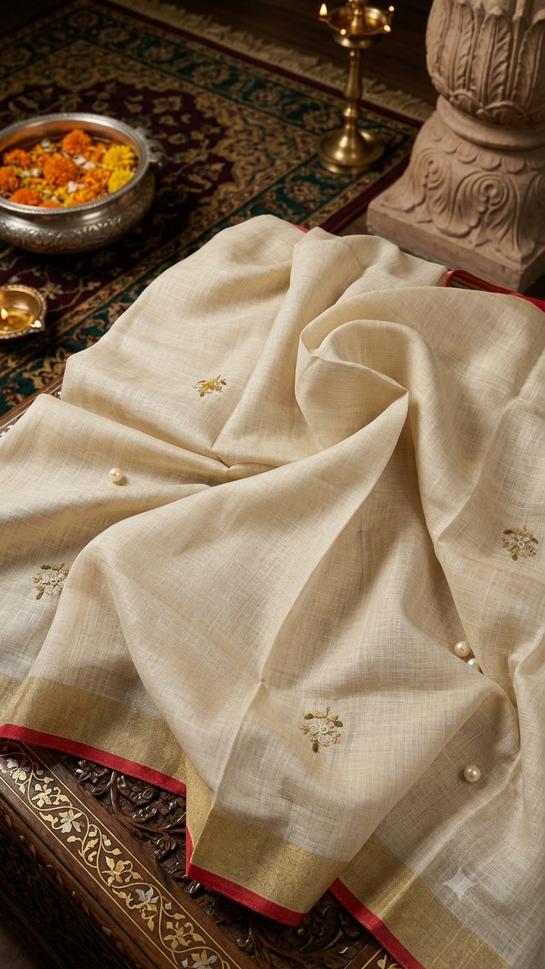 Premium quality jute linen saree with threadwork embroidery- 902531