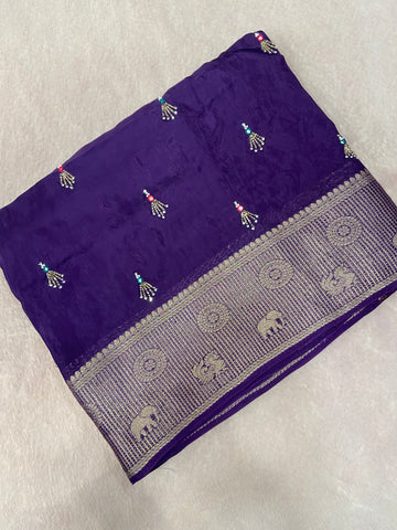 Pure crepe chinnon saree with cutdana work