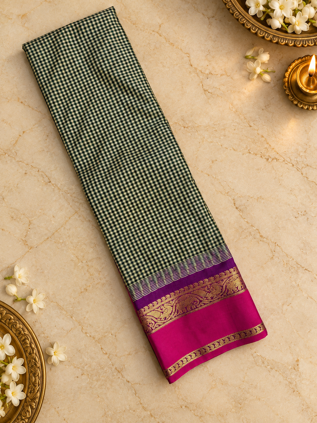Premium Mini Kanchi Silk Saree In Chequered Pattern- RF1314