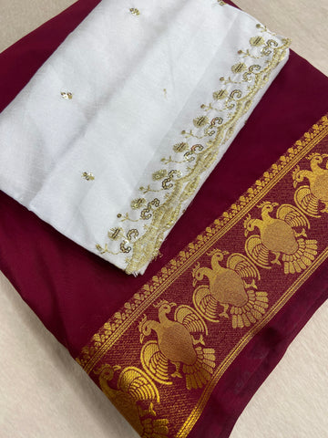 Premium Semi Crepe Mysore Silk Saree With Double Blouse 🤎