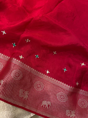 Pure crepe chinnon saree with cutdana work