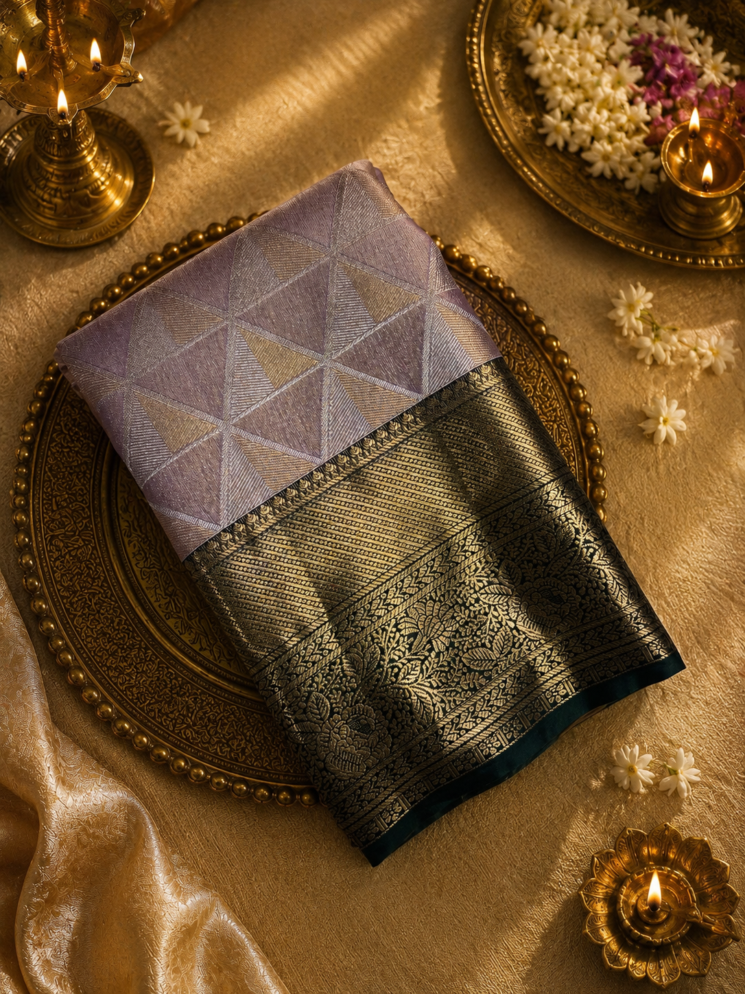 Premium Bridal Semi Kanchipuram Silk Saree- Lavender with Green