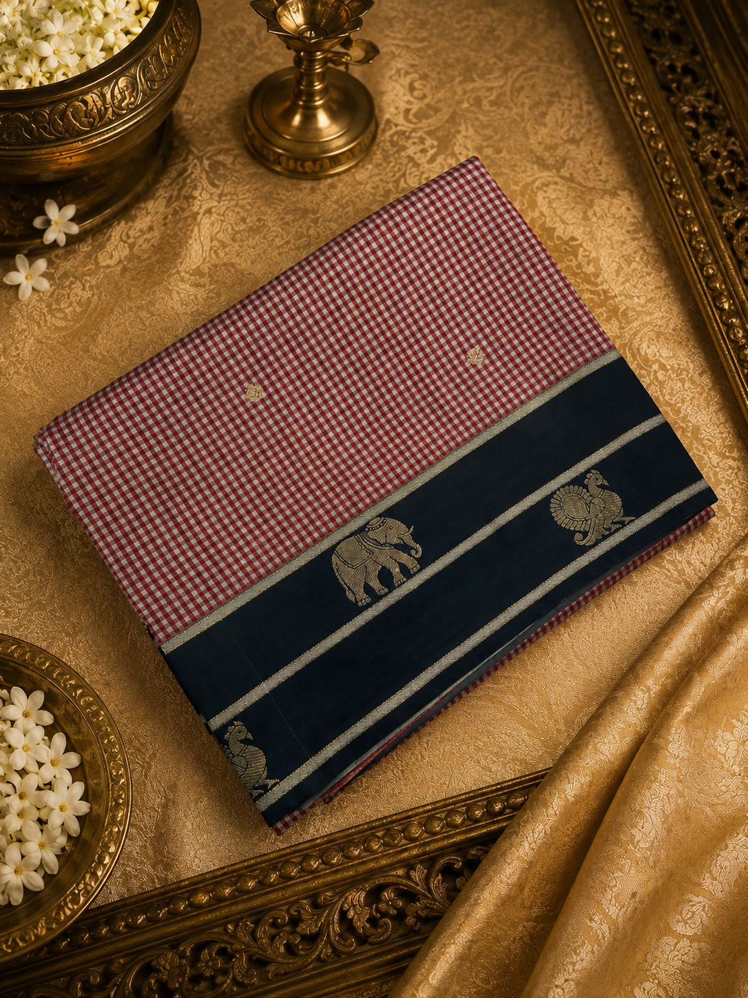 Premium Semi Kanjeevaram Silk Saree- White and Maroon checks with Black border