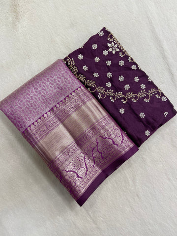 Half mix Kanjeevaram silk saree with pure hand katdana work blouse and double blouse