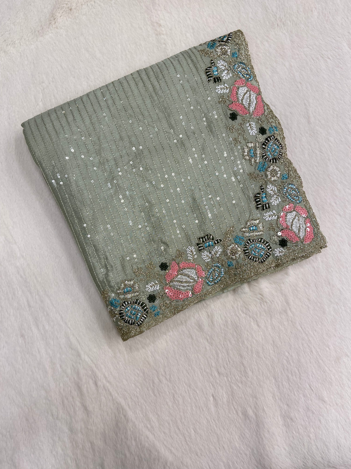 Pure Chinnon Saree with sequence work