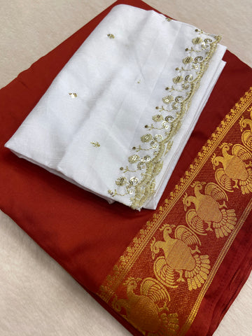 Premium Semi Crepe Mysore Silk Saree With Double Blouse (rust)