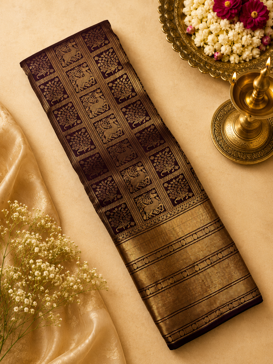 Premium Semi Kanchipuram Silk Saree (Dark Chocolate Brown)