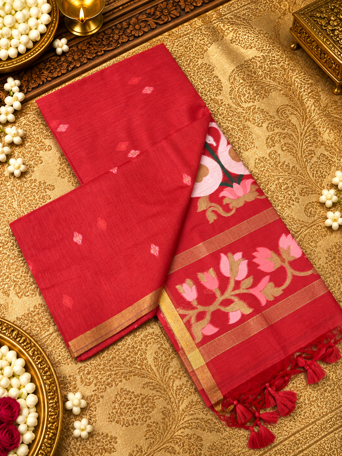 Mal Cotton Saree- 902852 Tomato reddish pink