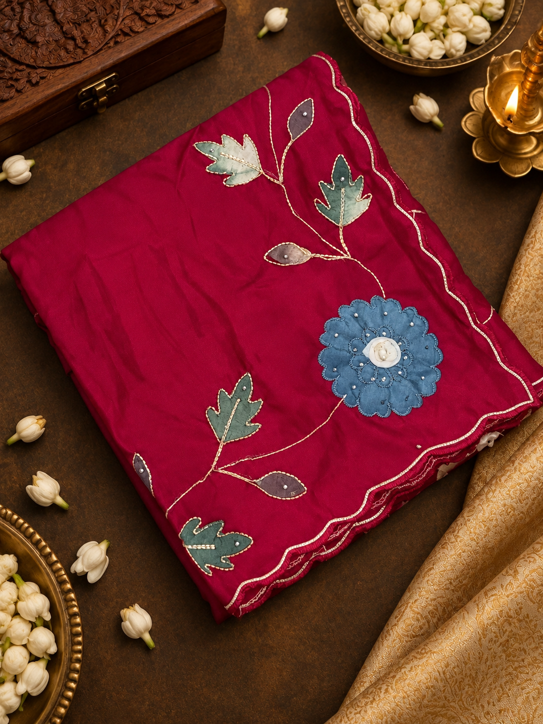 Premium Crepe Satin Saree With Applique Work -902073