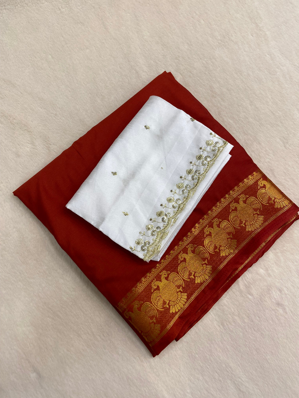 Premium Semi Crepe Mysore Silk Saree With Double Blouse (rust)