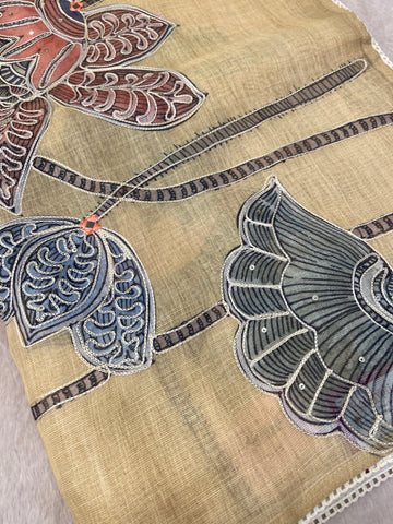 Premium Linen Tissue Saree With Applique Work