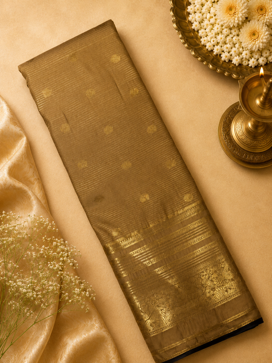 Premium Semi Kanchipuram Silk Saree (Champangne Gold)