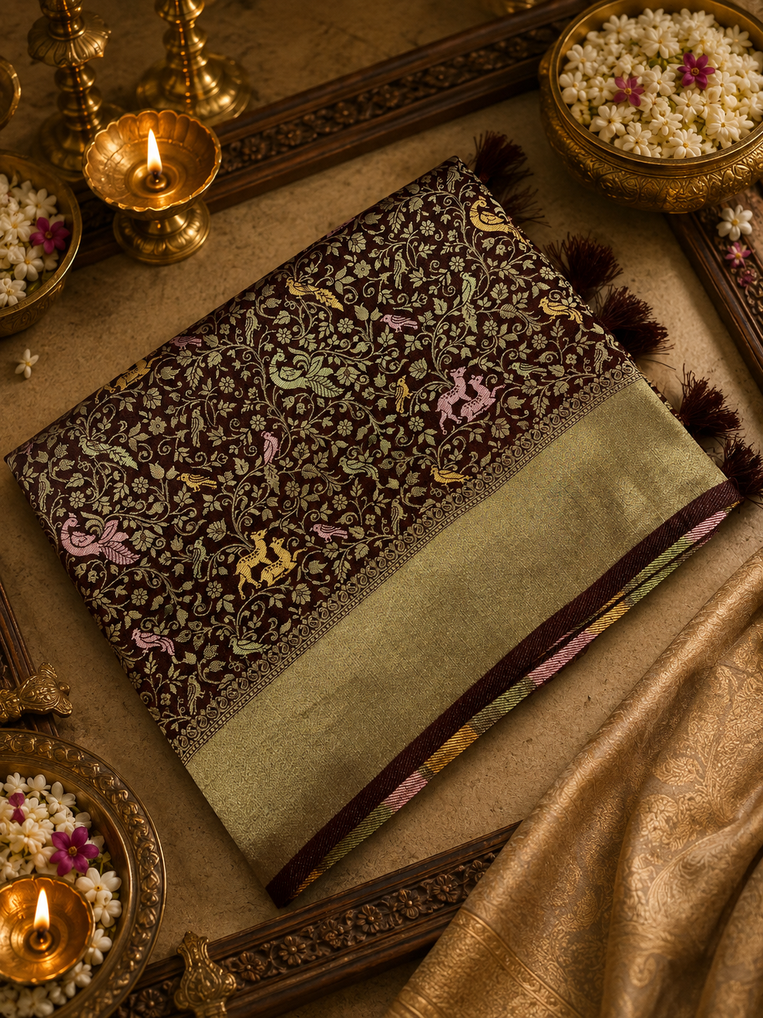 Premium Banarasi Crepe Satin Silk Saree 🤎