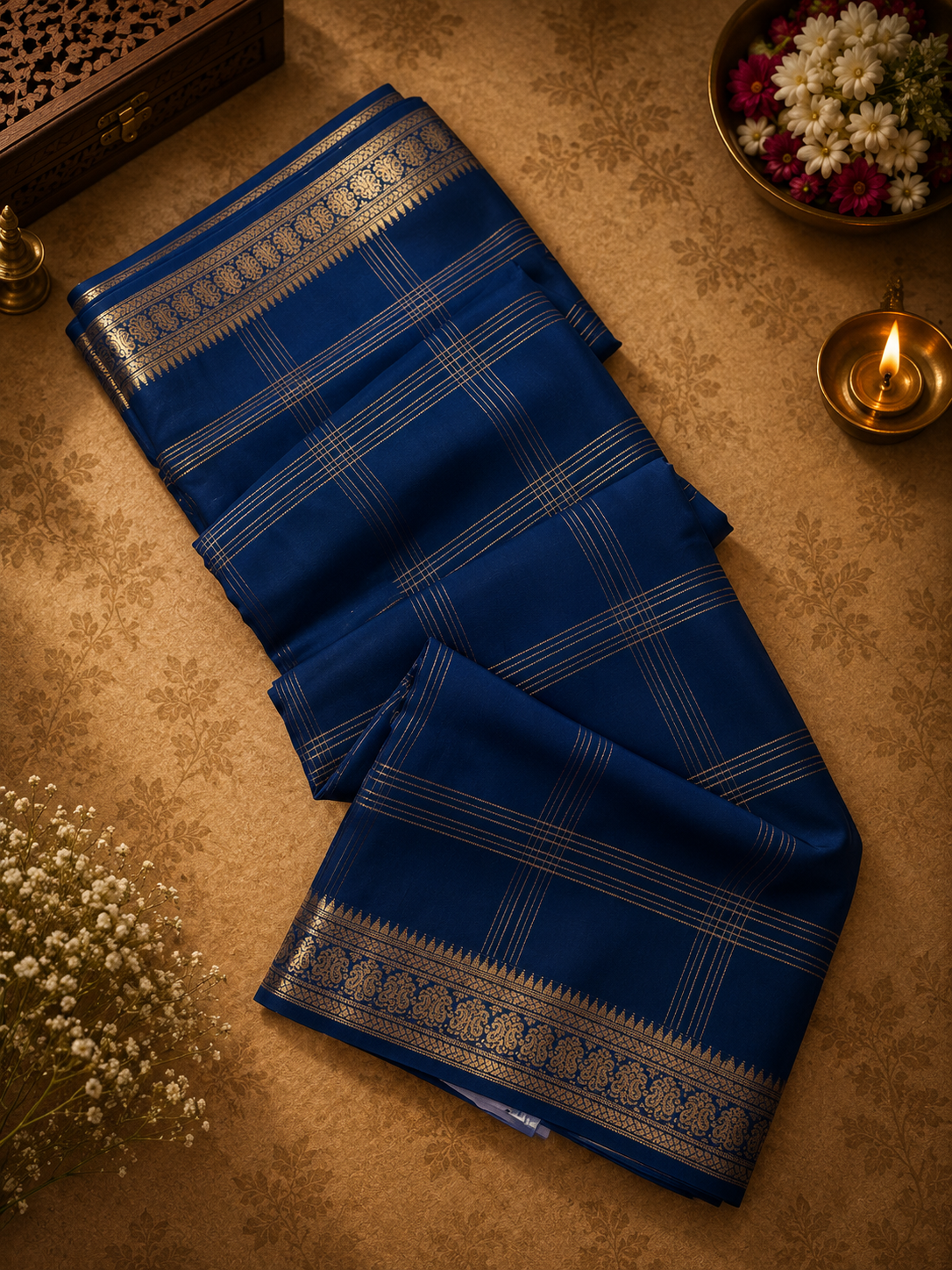 Pure Mix Mysore Crepe Silk Saree- Peacock blue
