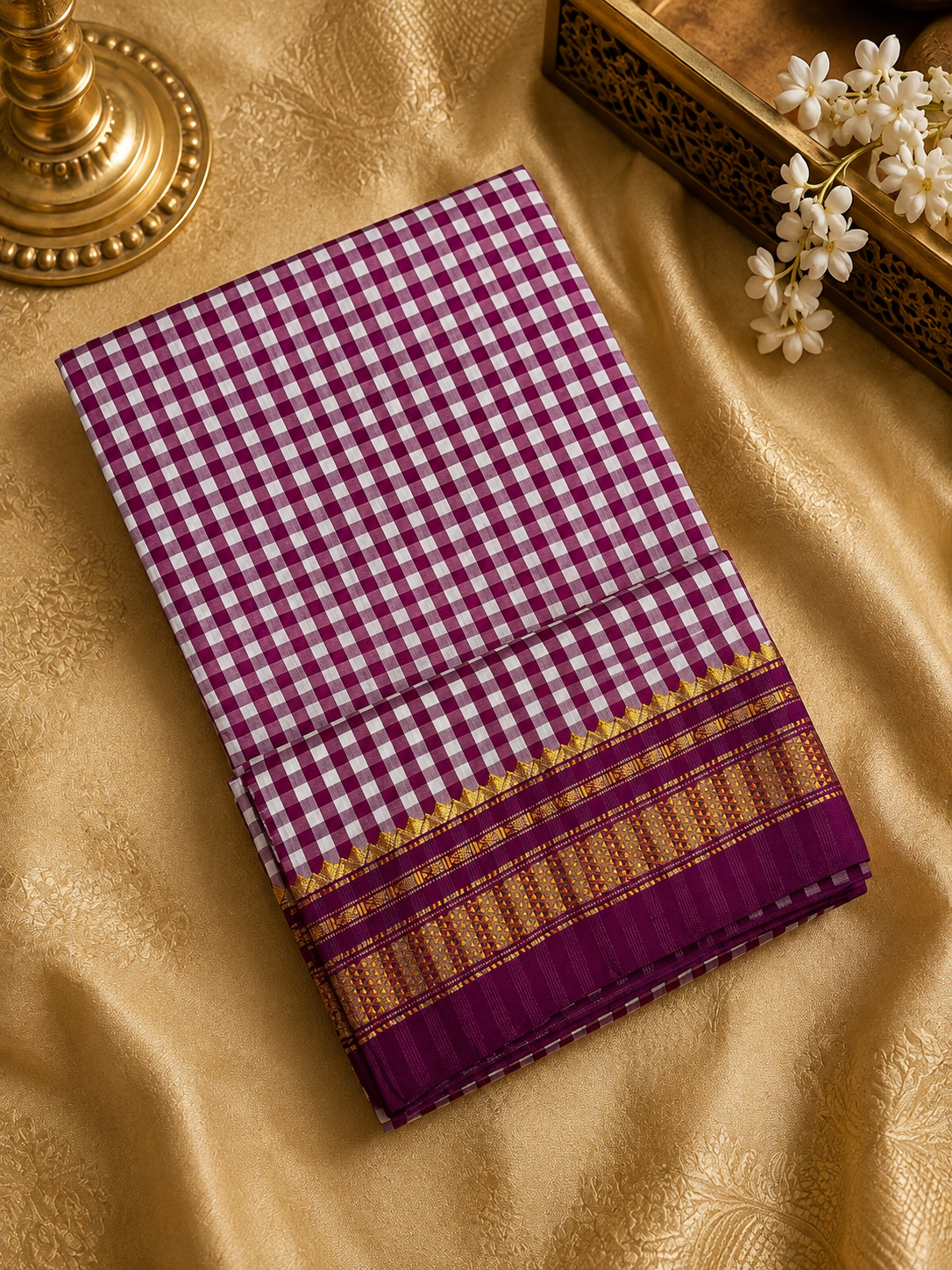 Premium quality Ilkal cotton saree- Wine and white