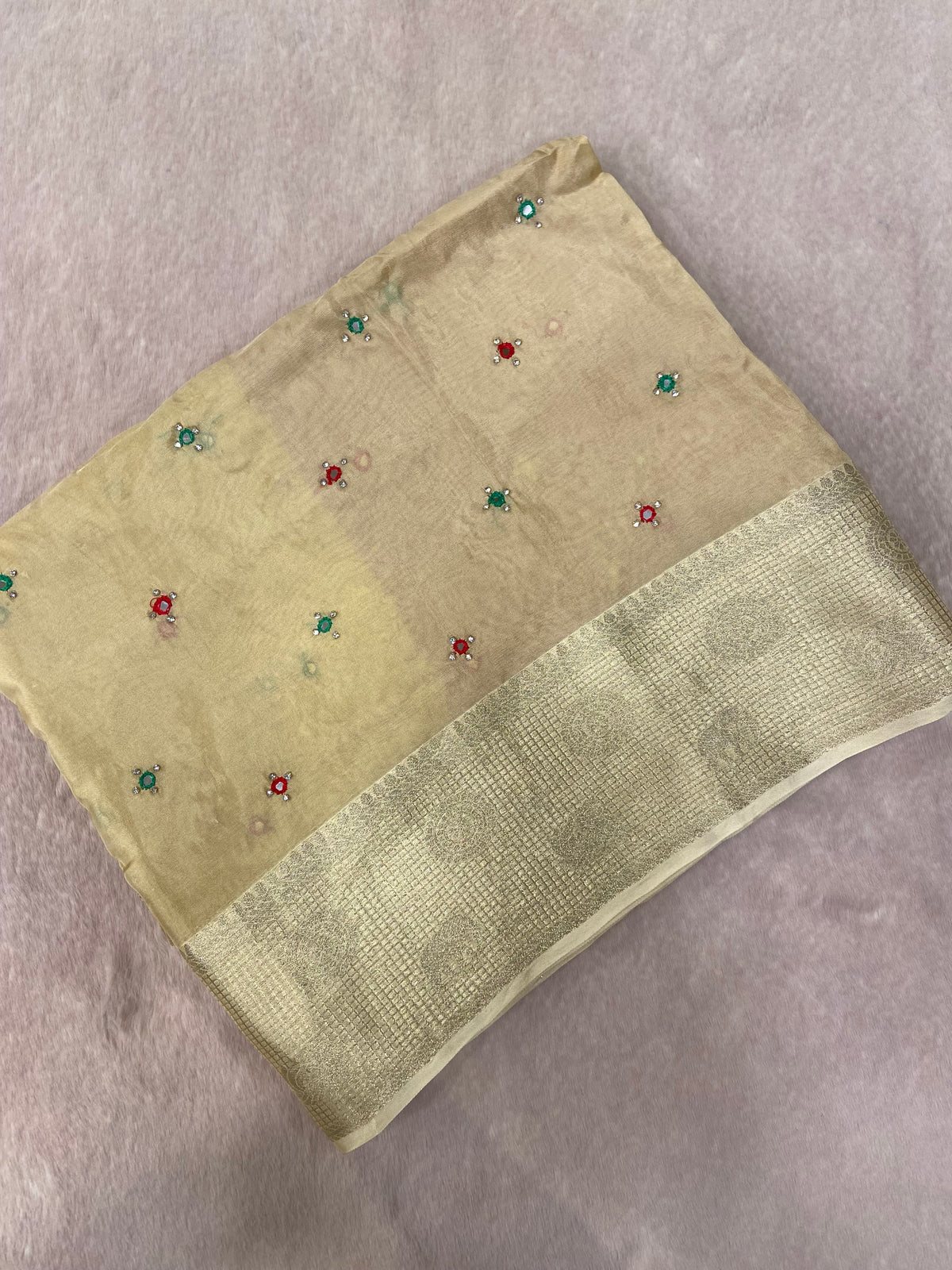 Pure crepe chinnon saree with cutdana work
