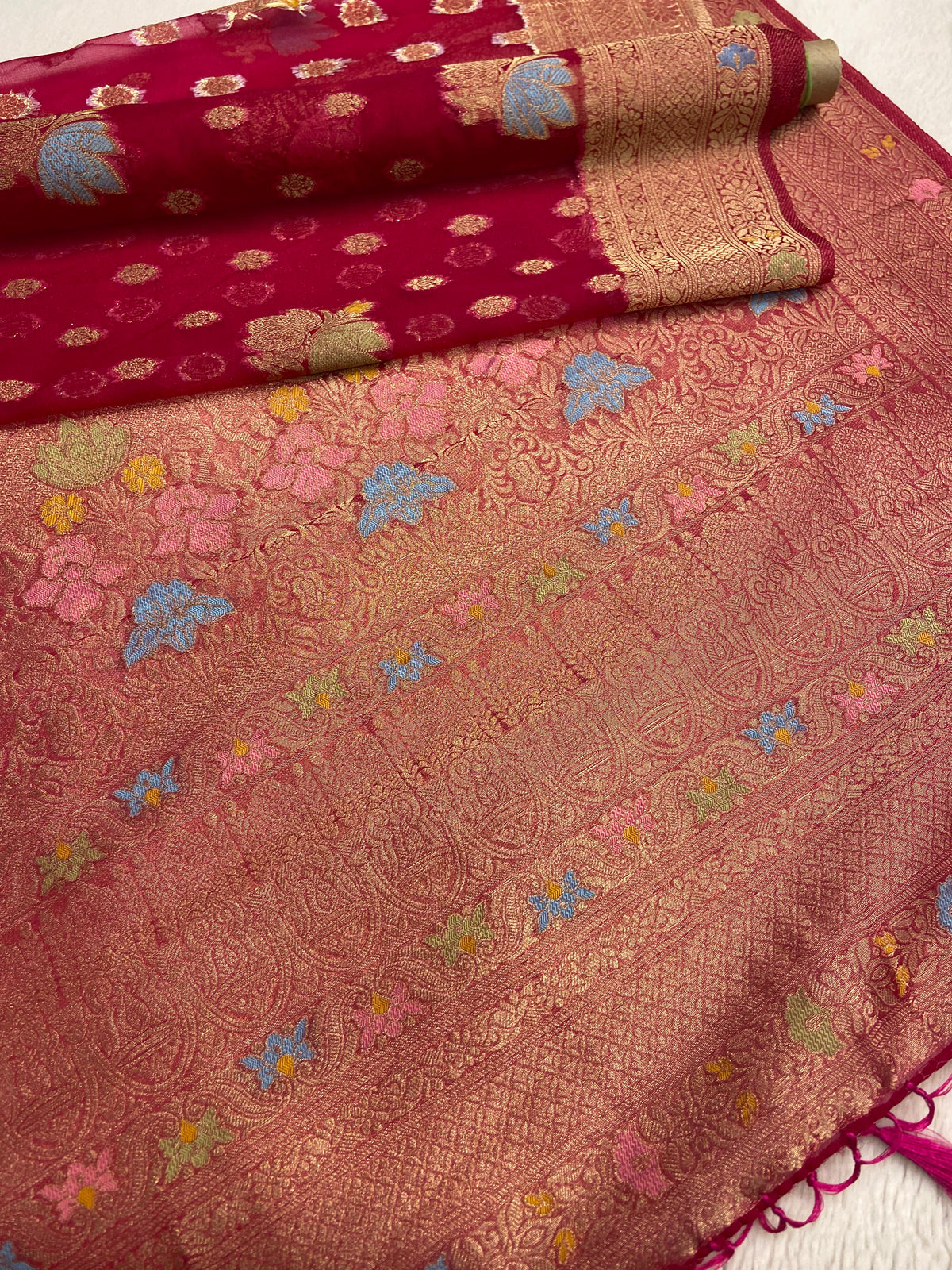 Premium Kora Organza Saree (Rani Pink)