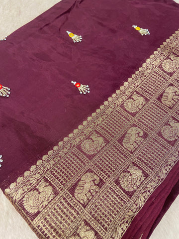 Pure crepe chinnon saree with cutdana work